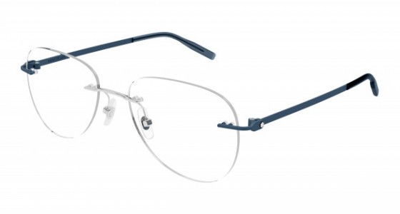Montblanc MB0283O Eyeglasses, 002 - SILVER with BLUE temples and TRANSPARENT lenses
