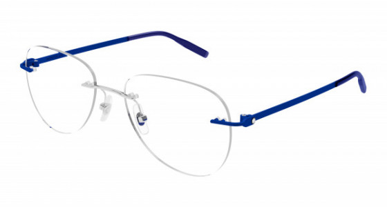 Montblanc MB0283O Eyeglasses, 003 - SILVER with BLUE temples and TRANSPARENT lenses
