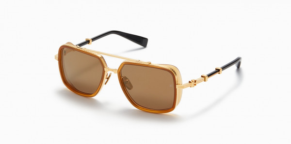 Balmain OFFICIER Sunglasses, 5 micron 18K Gold  - Amber - Black w/ Dark Brown - Gold Flash - AR