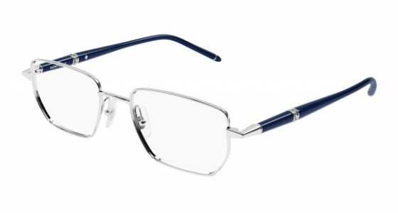 Montblanc MB0347O Eyeglasses, 005 - SILVER with BLUE temples and TRANSPARENT lenses